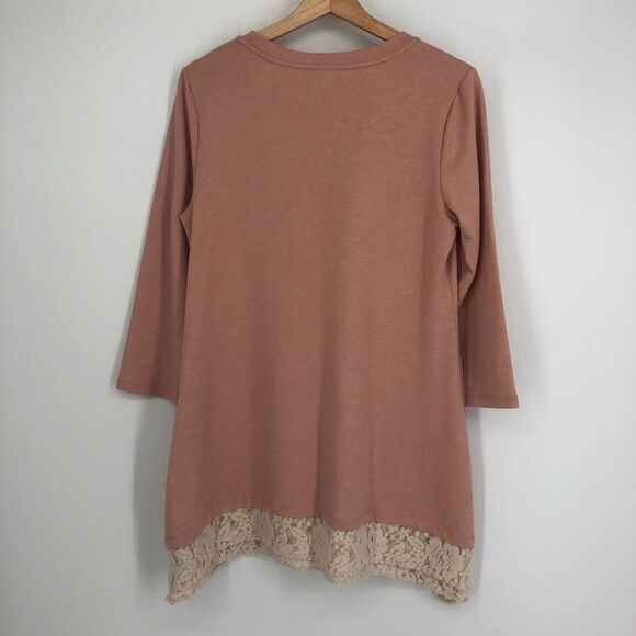 LOGO Lounge Pink V Neck Sweater Top Floral Lace Trim - Picture 7 of 7